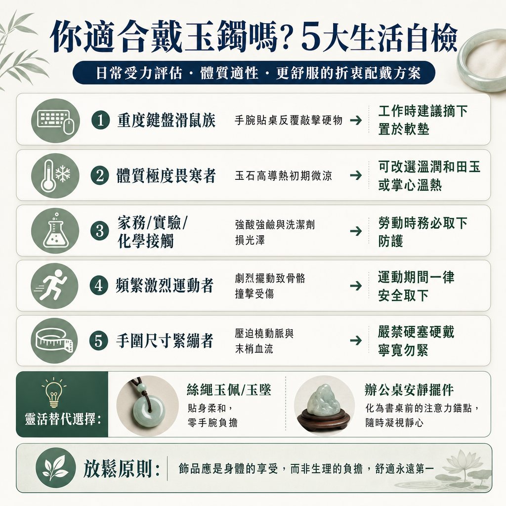 你適合戴玉鐲嗎？5大生活自檢與折衷配戴方案資訊圖