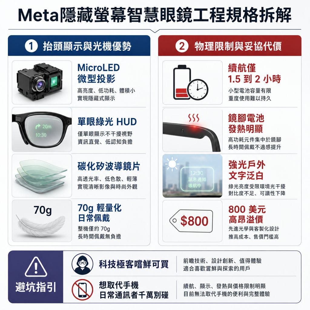 Meta隱藏螢幕智慧眼鏡工程規格拆解與選型決策對照表