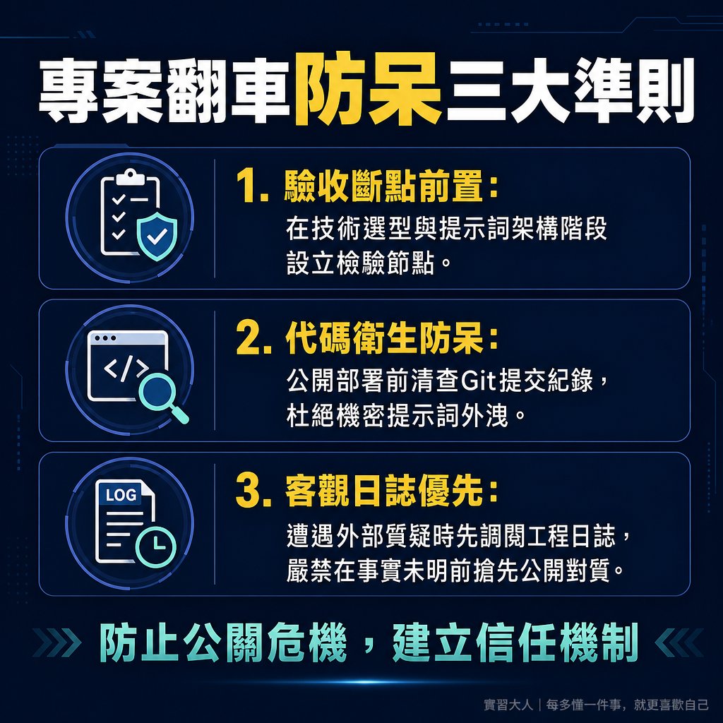 專案翻車防呆準則，包含驗收斷點、代碼衛生、客觀日誌。