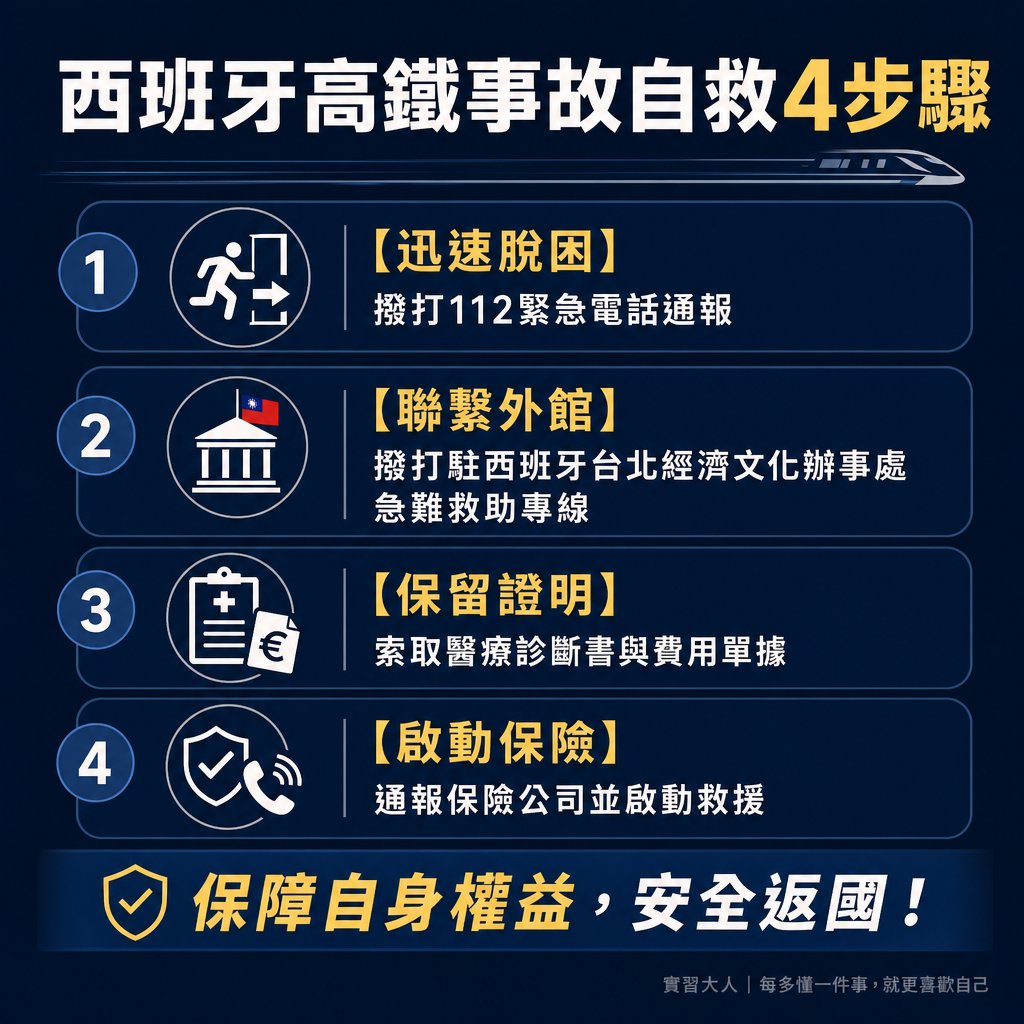 西班牙高鐵事故自救流程，包含急難救助與理賠步驟
