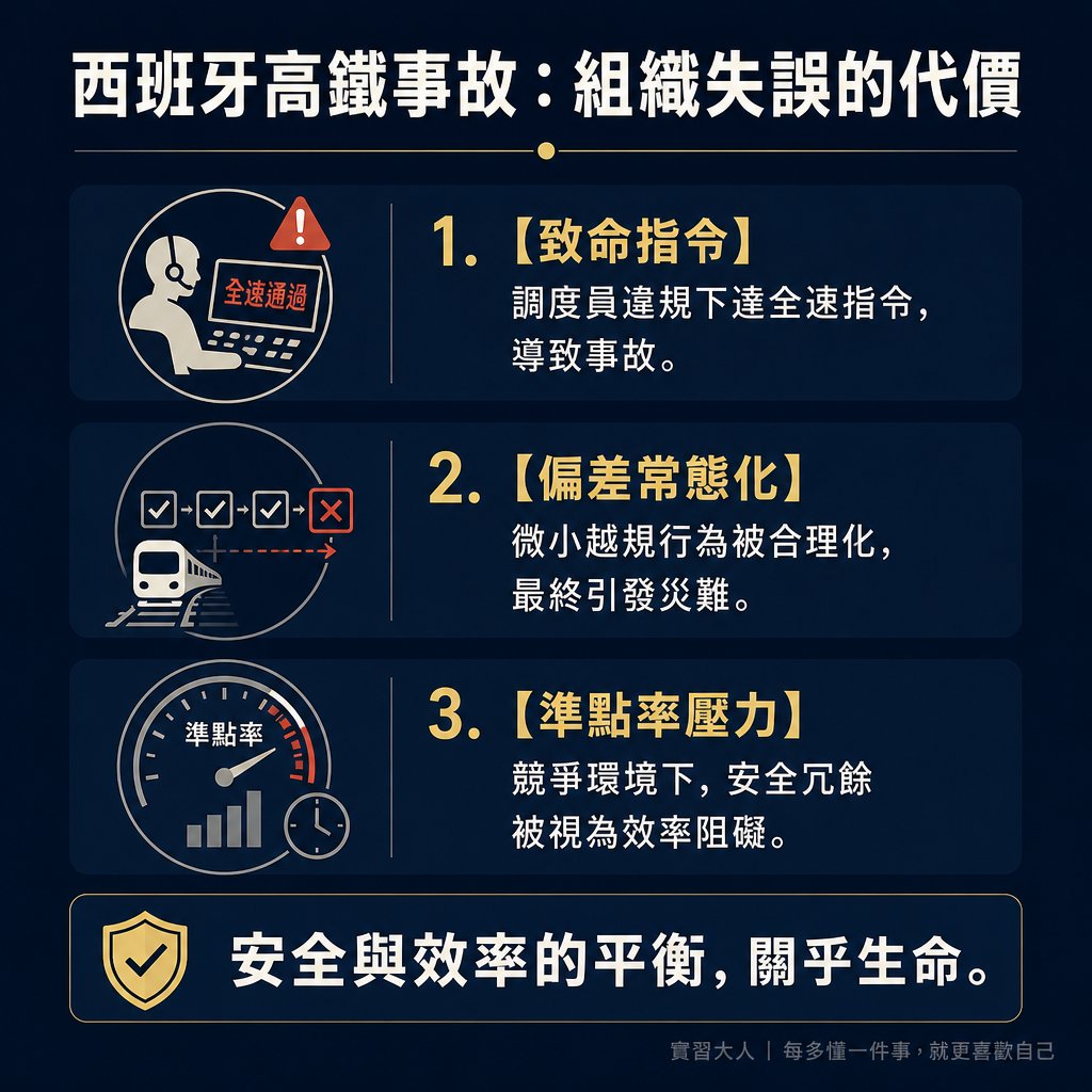 西班牙高鐵事故的三項核心檢核要點，揭示組織失誤與安全風險。