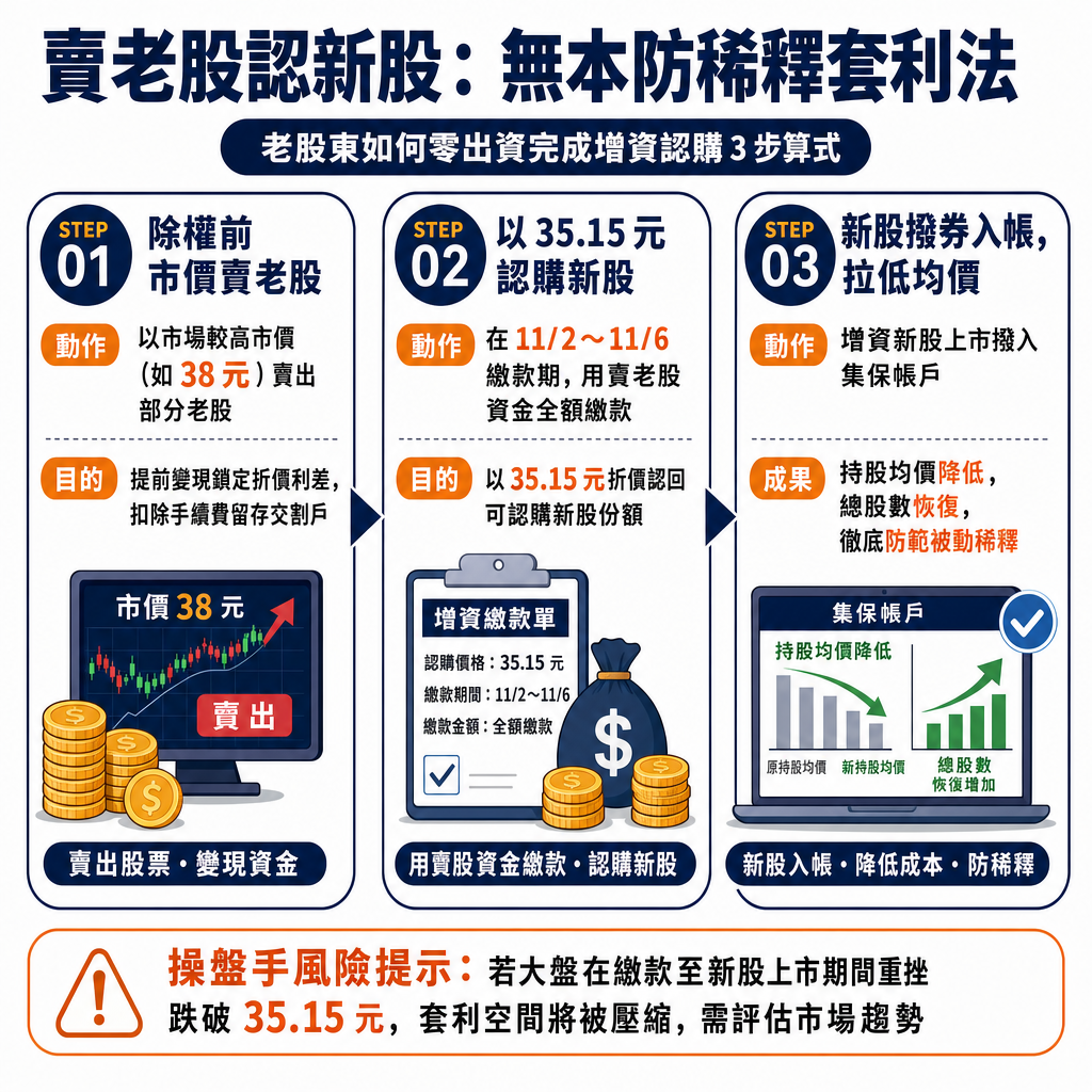 老股東「賣老股、認新股」:無本防稀釋之三步操作算式圖