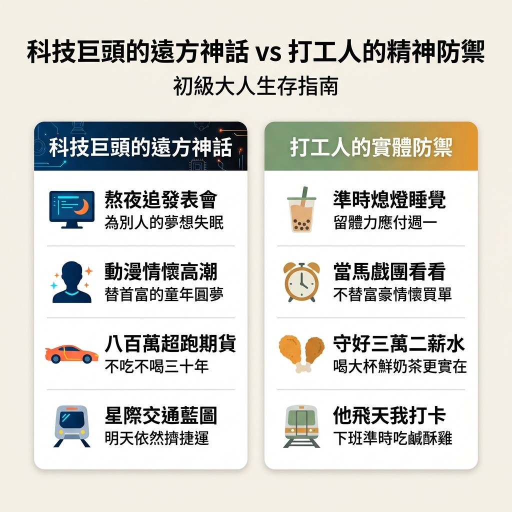 科技巨頭的遠方神話與打工人的精神防禦對照