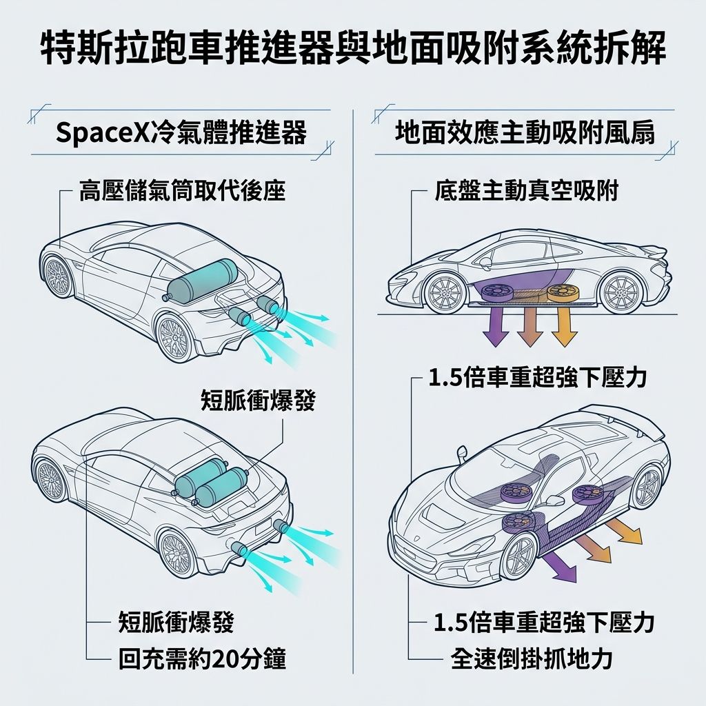 特斯拉Roadster冷氣體推進器與地面效應吸附系統工程規格對照