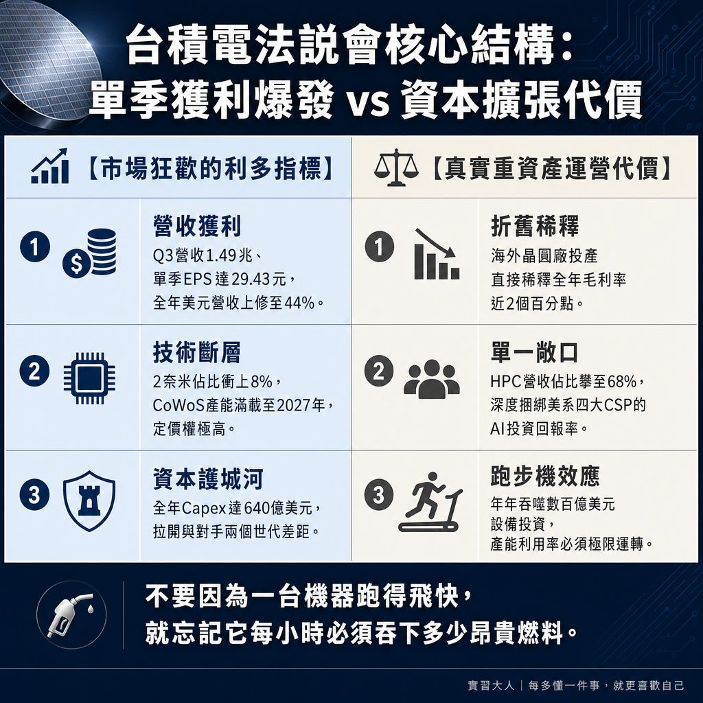 台積電法說會核心財務矩陣與資本擴張代價對照圖